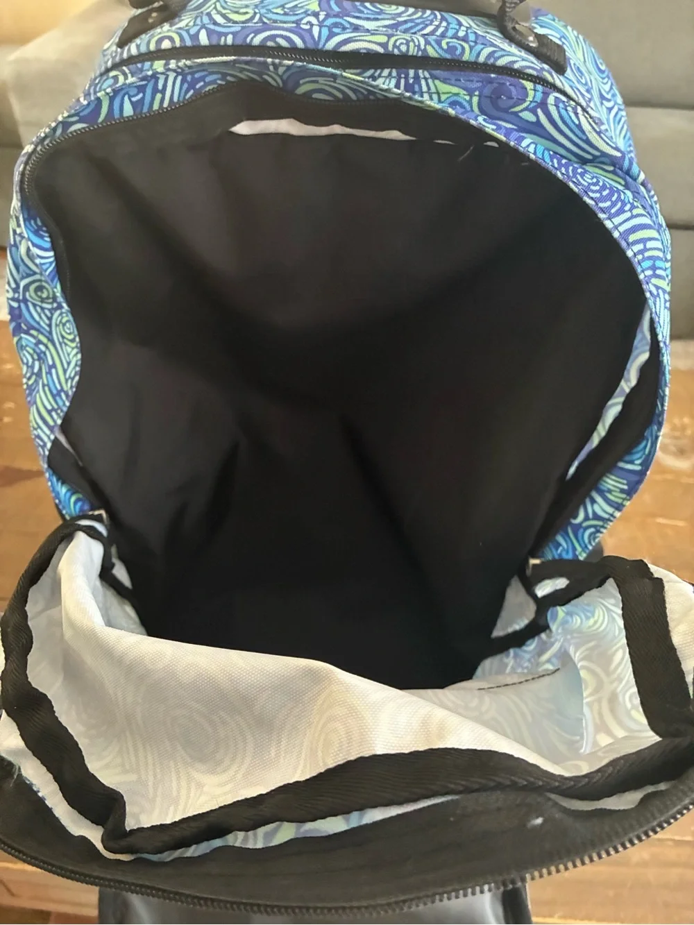 L.L. Bean Blue and Teal Swirl Pattern Rolling Backpack